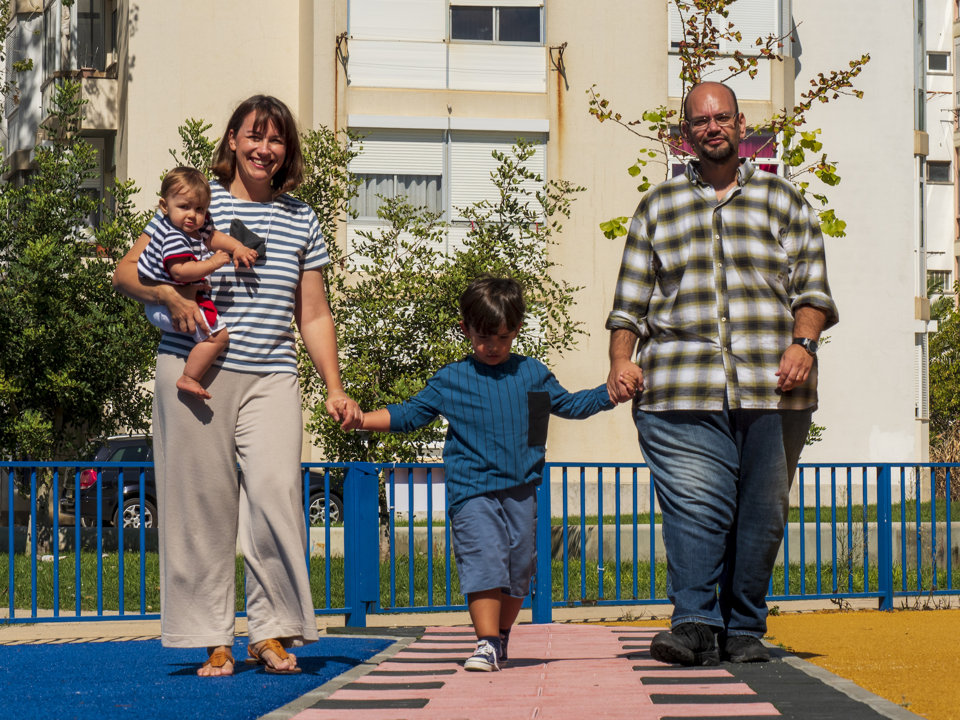 A family walking together in a town